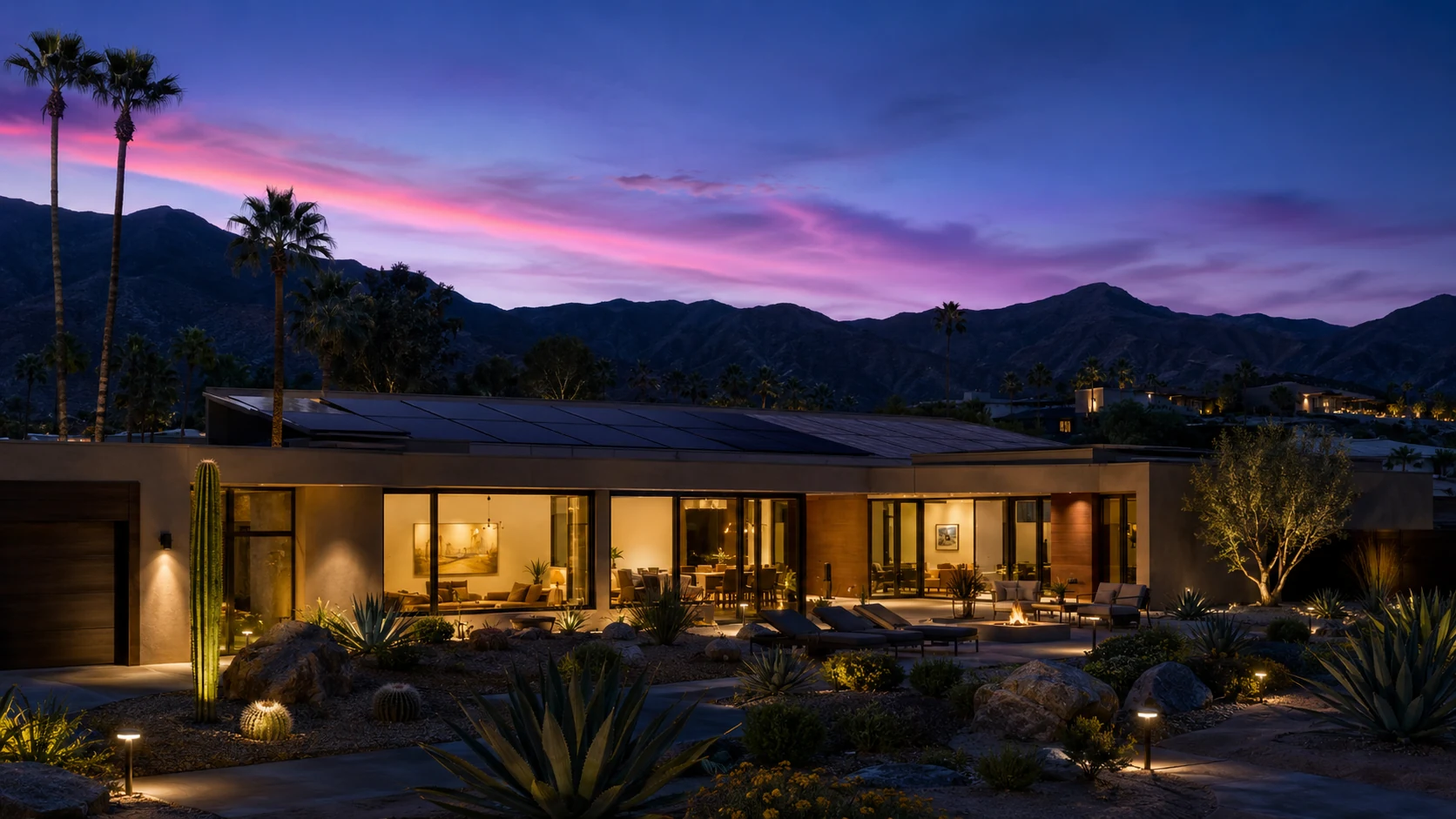 Palm Springs home with rooftop solar beneath a purple dusk sky.