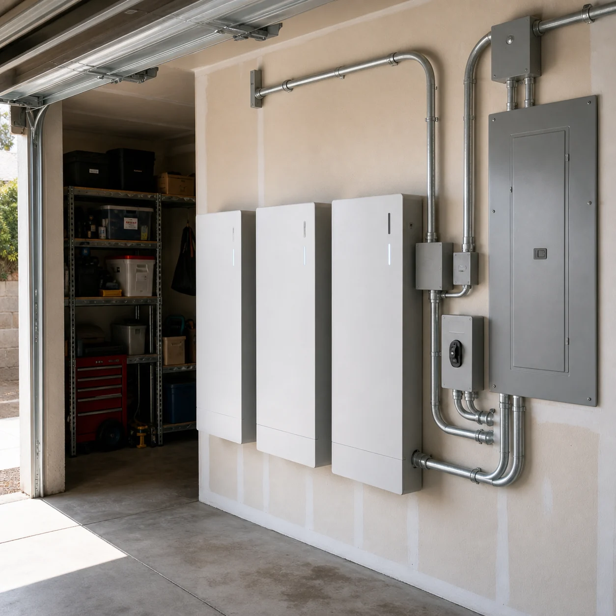 Residential battery backup system installed inside a working garage