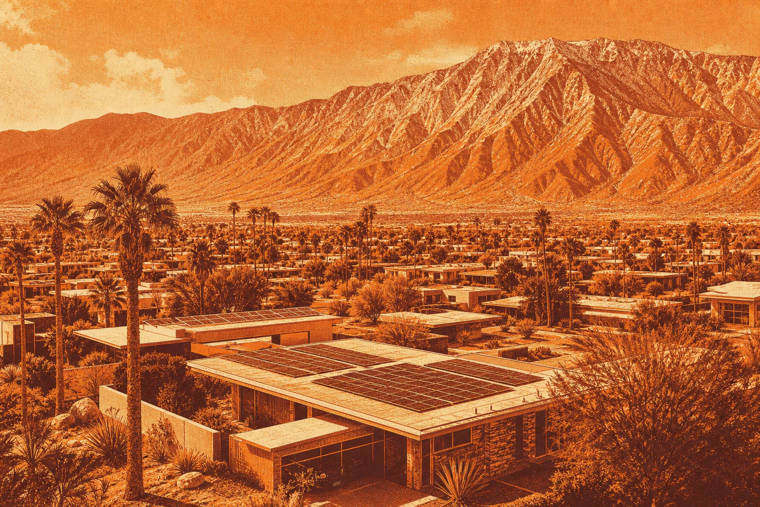 Orange architectural screenprint of Coachella Valley solar homes beneath the San Jacinto Mountains.