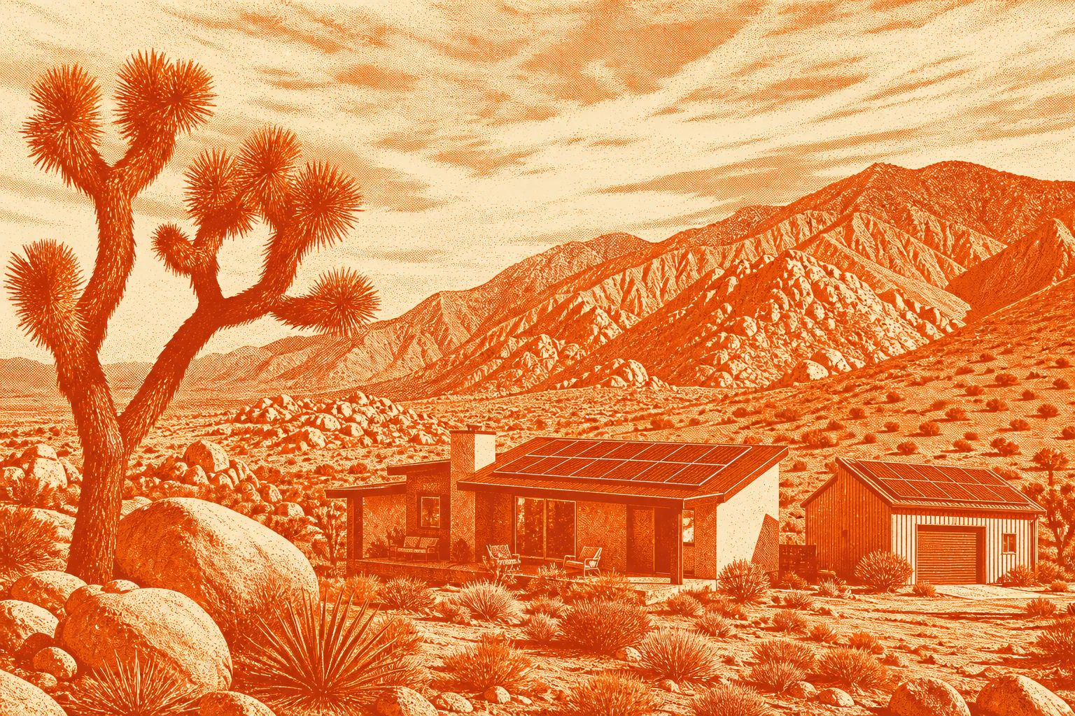 Orange architectural screenprint of a High Desert solar home, workshop, Joshua trees, and mountain terrain.