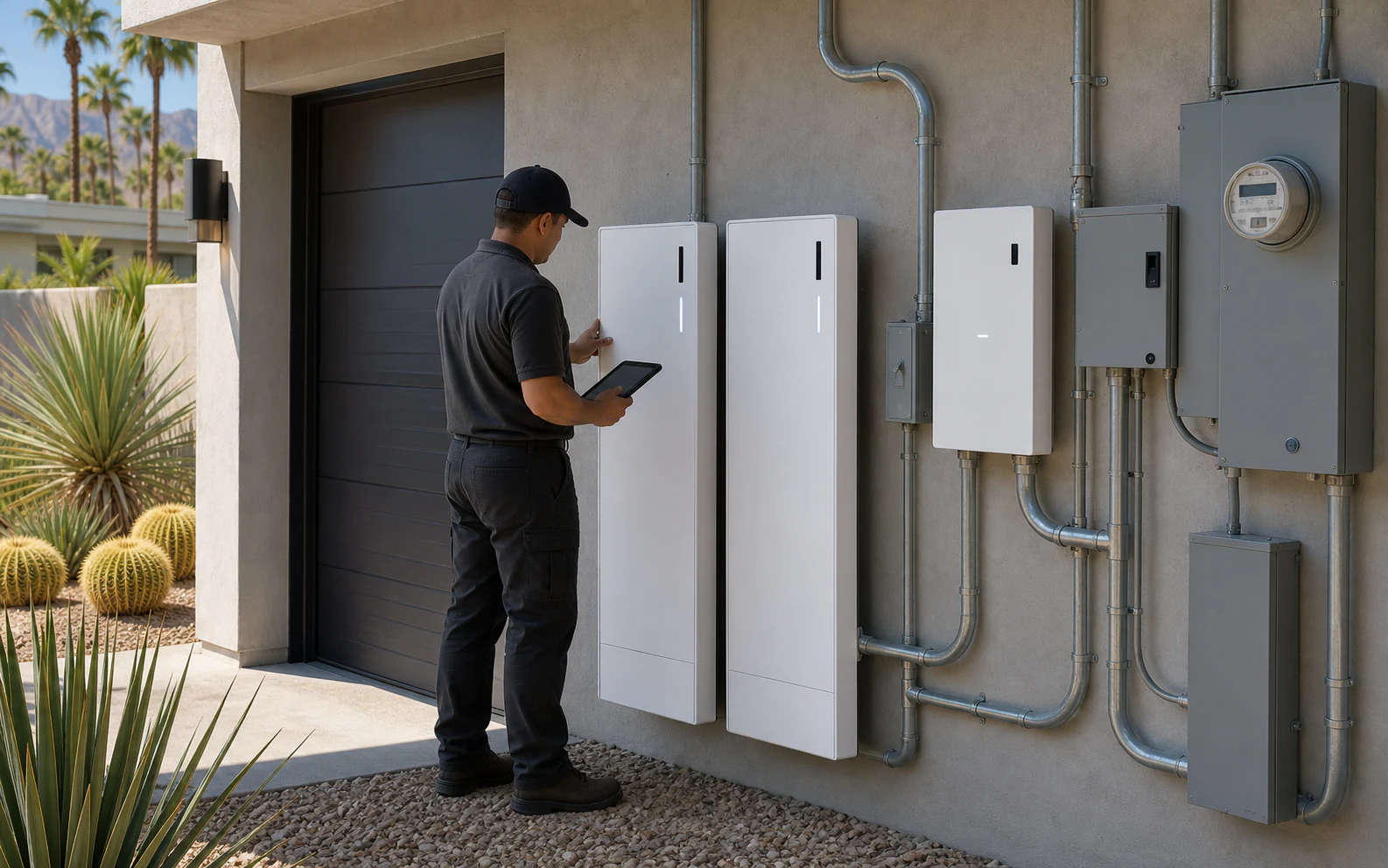 Residential energy technician reviewing an existing battery and electrical system before a storage expansion