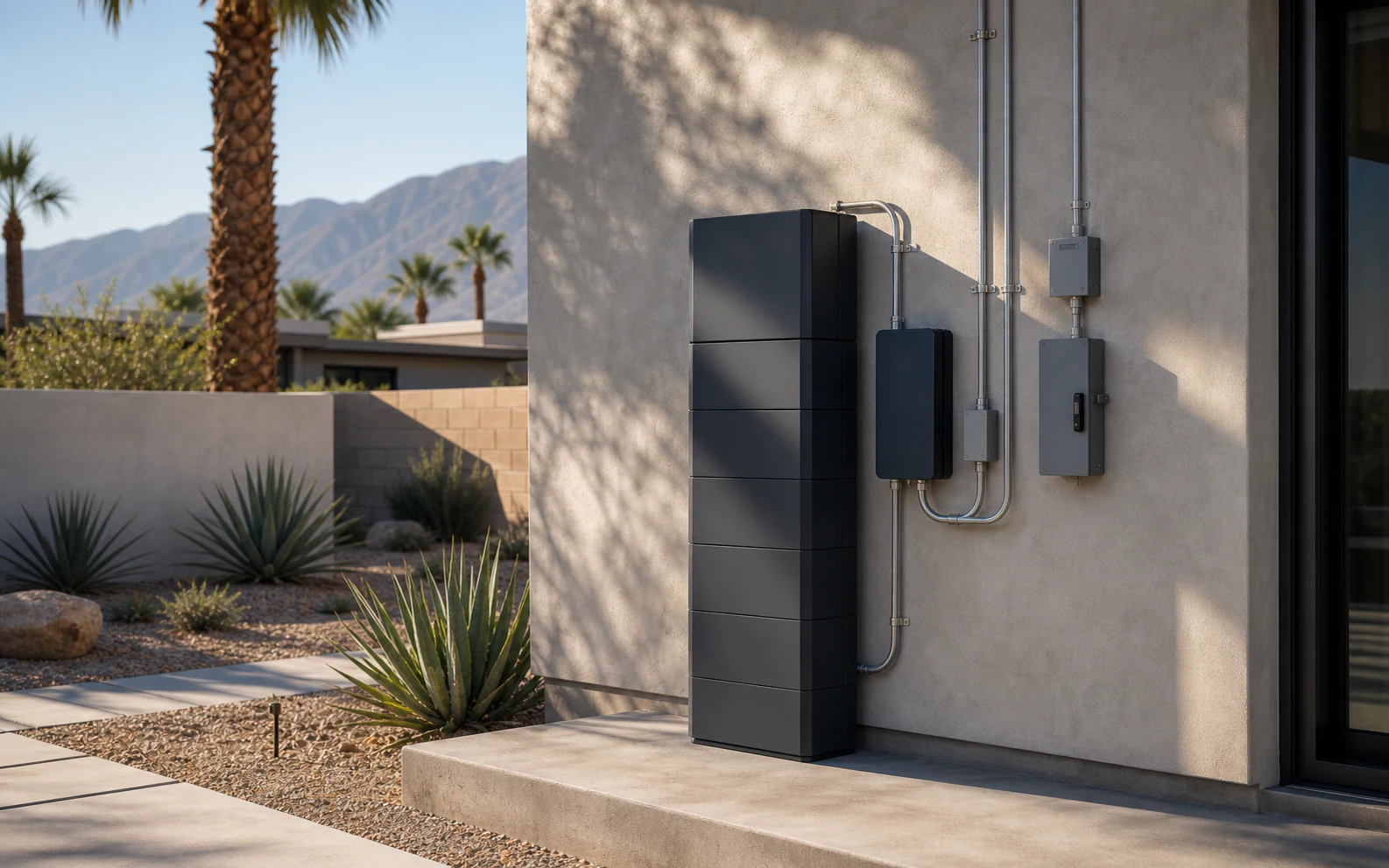 Dark modular home battery tower and control equipment installed beside a modern Coachella Valley residence
