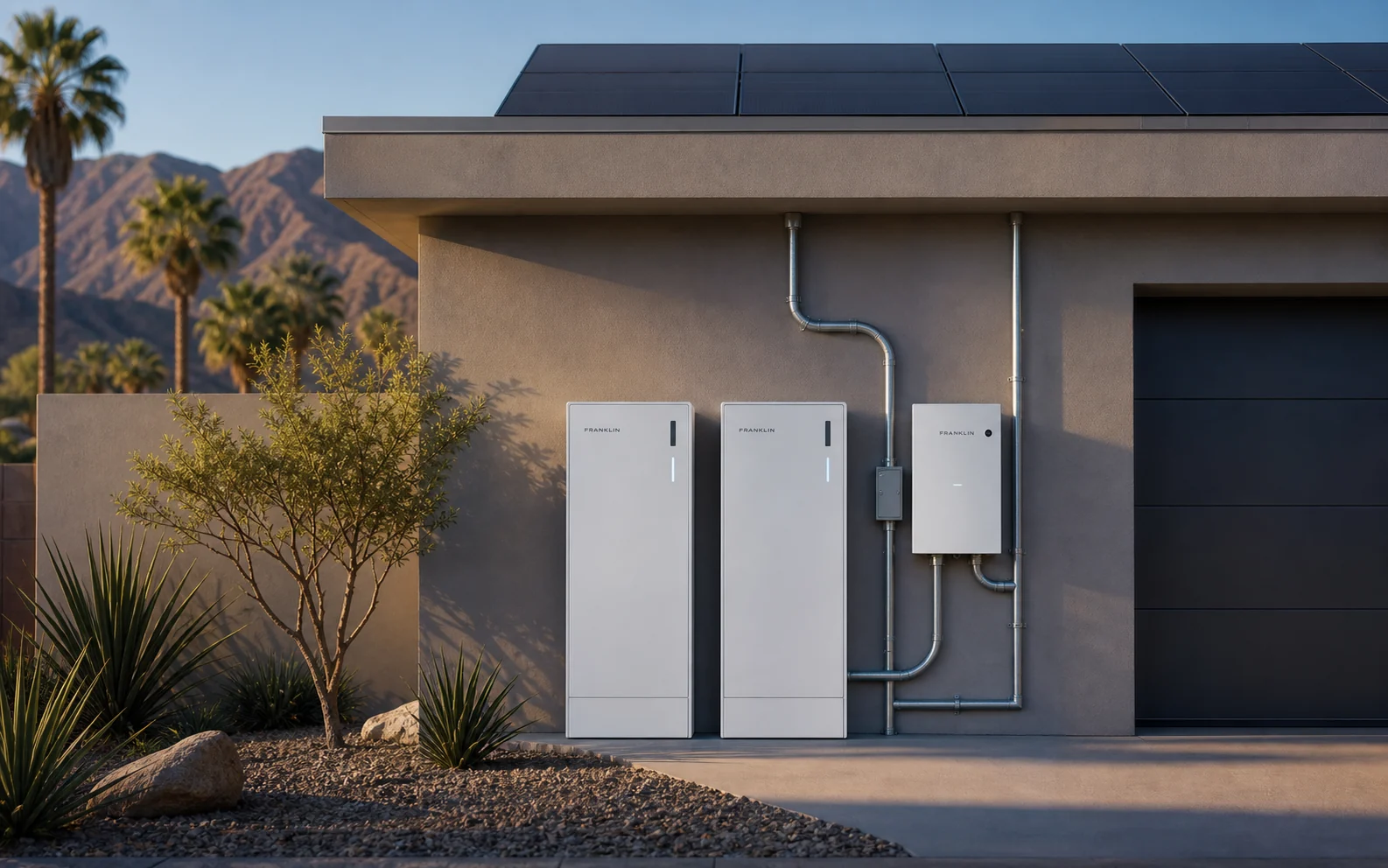 FranklinWH battery add-on with two aPower 2 batteries, one aGate, and an existing Qcells rooftop solar array