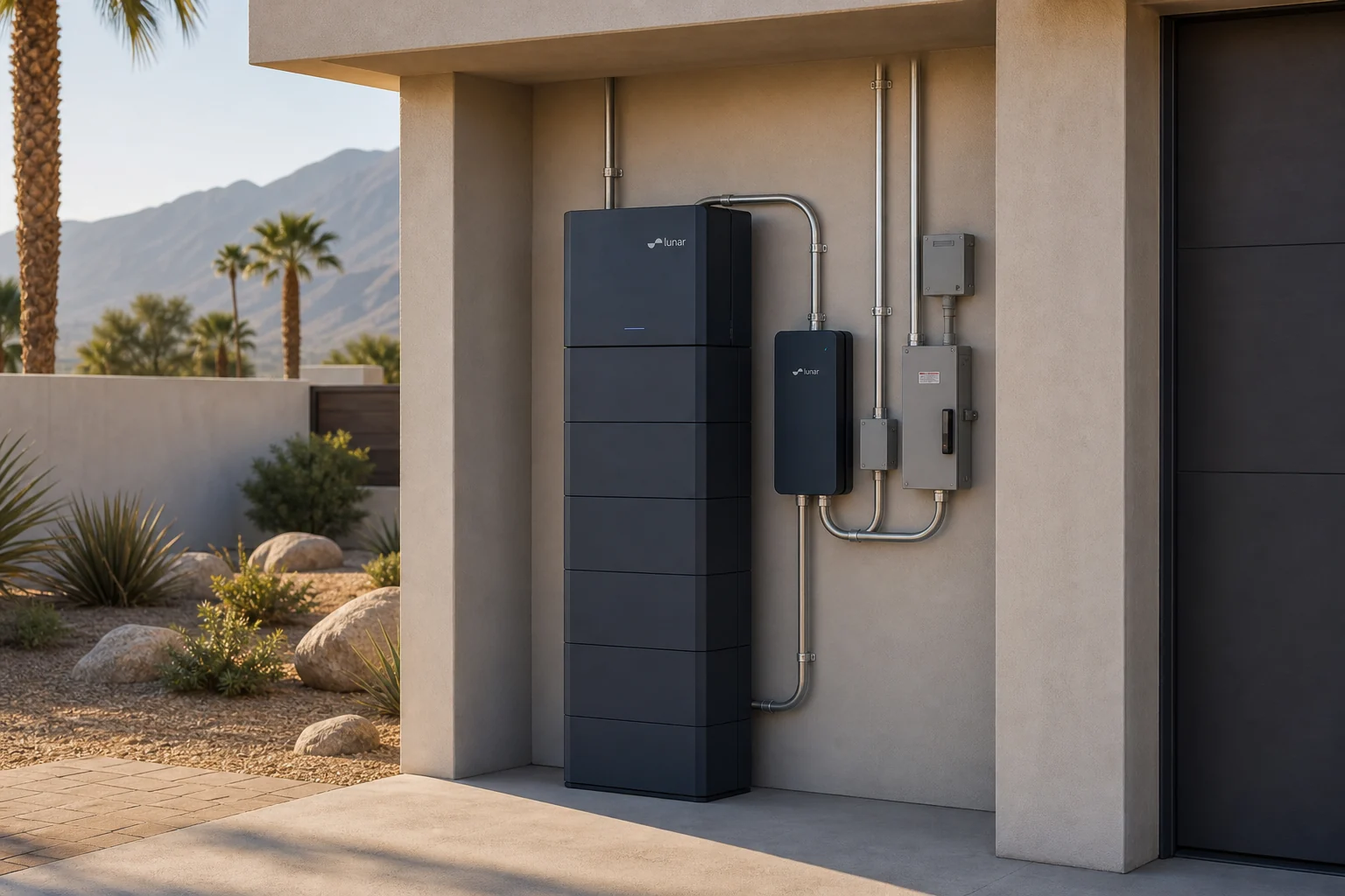 Lunar Energy modular Lunar System battery tower and Bridge installed on a Palm Desert home
