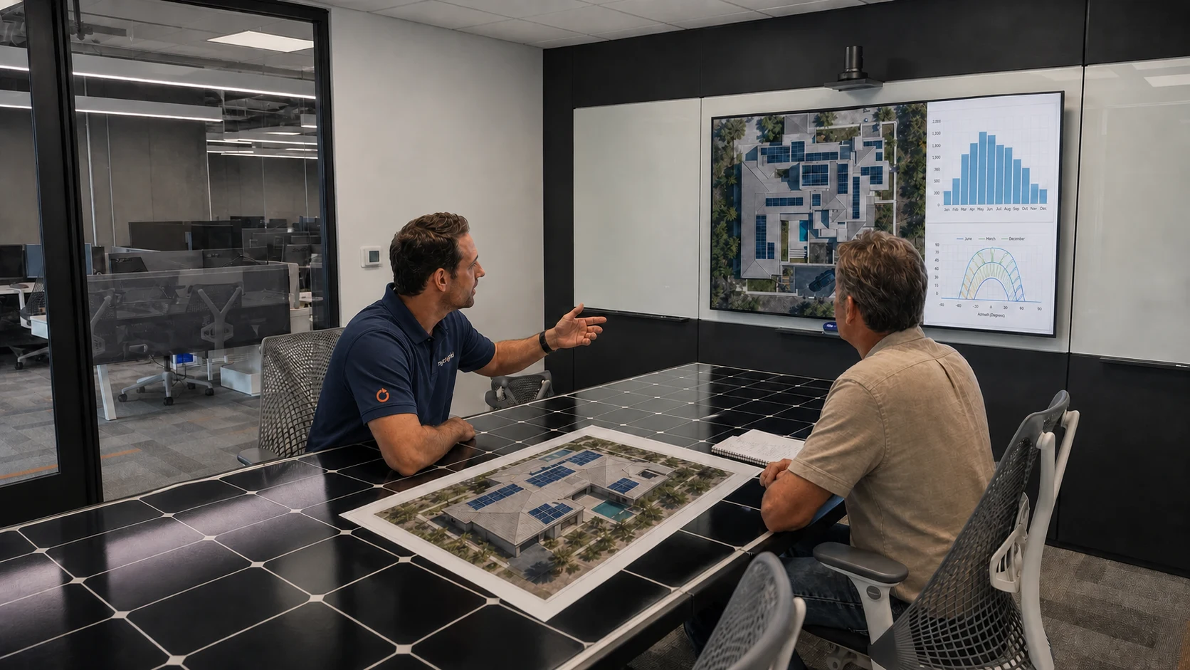 A Mycrogrid design consultant reviewing a residential solar and battery plan with a homeowner