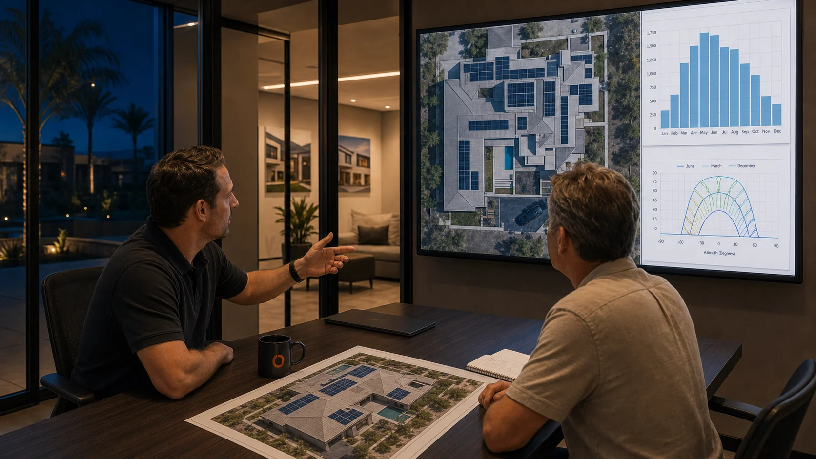 A Mycrogrid design consultant reviewing a residential solar and battery plan with a homeowner