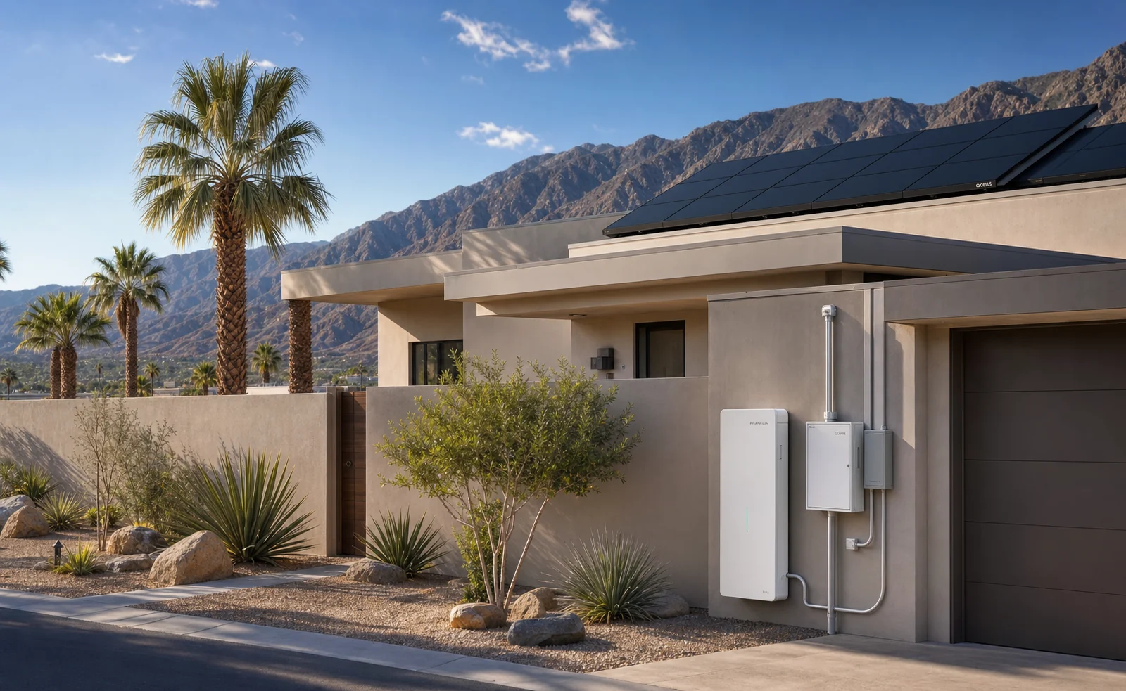 Palm Desert home with Qcells all-black rooftop solar panels and a FranklinWH aPower 2 battery and aGate installation