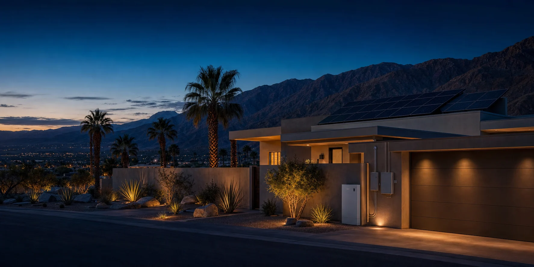 Modern Palm Desert home with rooftop solar panels, wall-mounted battery storage, and integrated electrical equipment