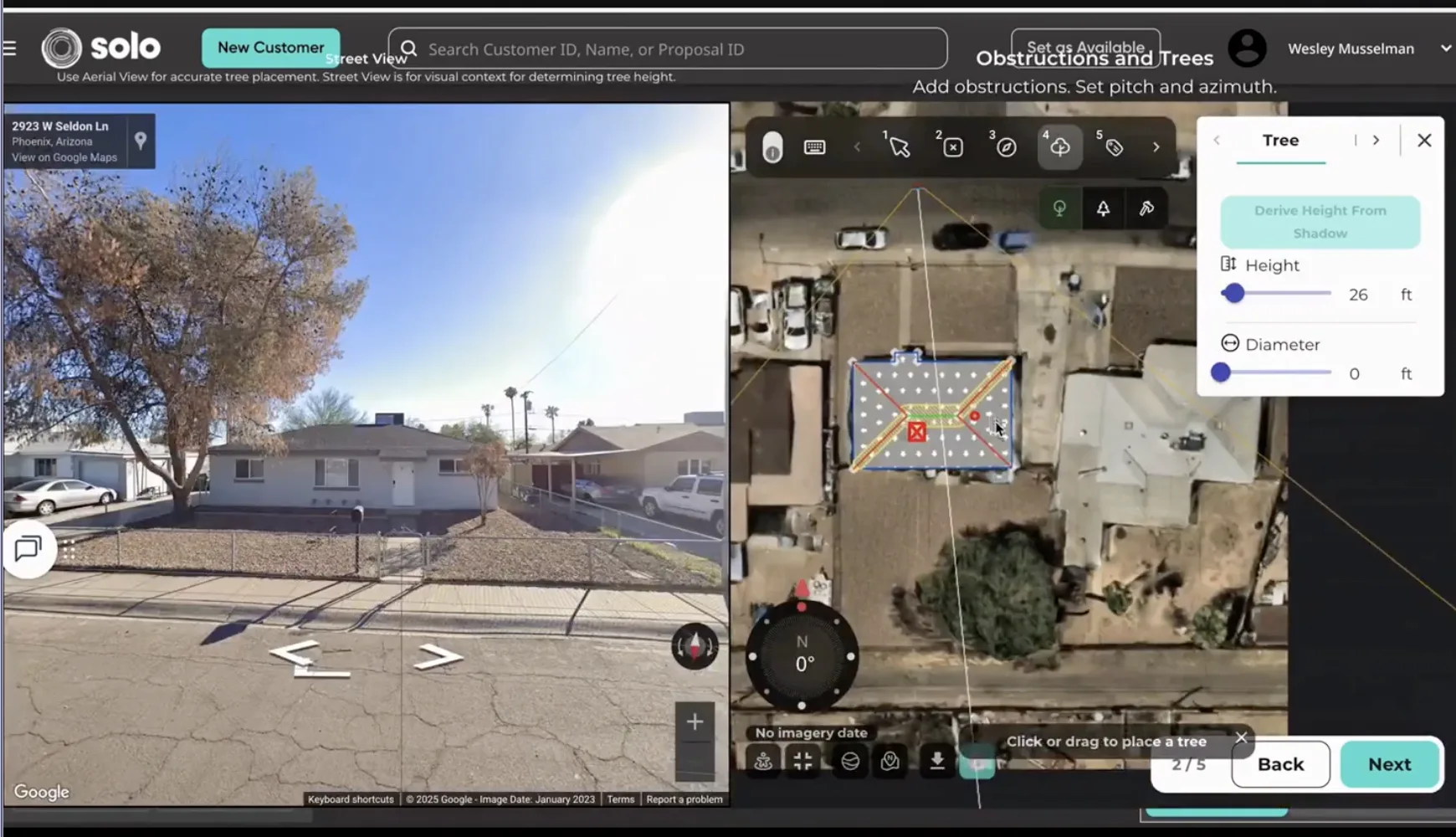 Planning view showing street imagery beside an aerial roof layout with tree placement controls.