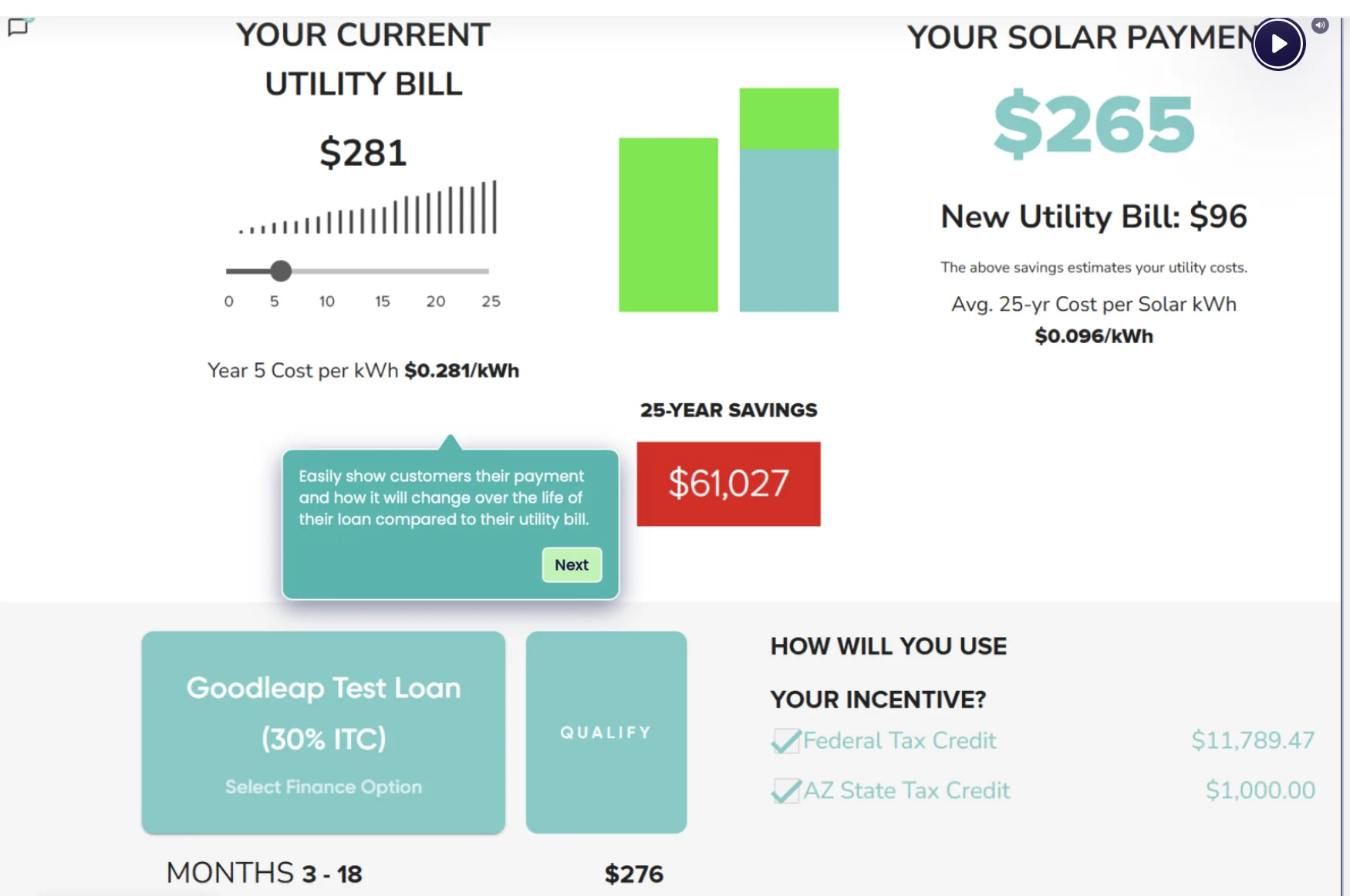 Planning view comparing a current utility bill, solar payment, and long-term savings.